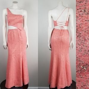 Vintage 90s Y2K Prom Expose Midriff 2 Piece Sequin Salmon Long Dress Flawed Sz 4